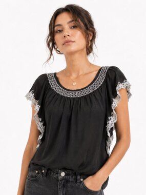 Ya Los Angeles Black Blouse with Lace Trim Size Small Elegant Casual Top